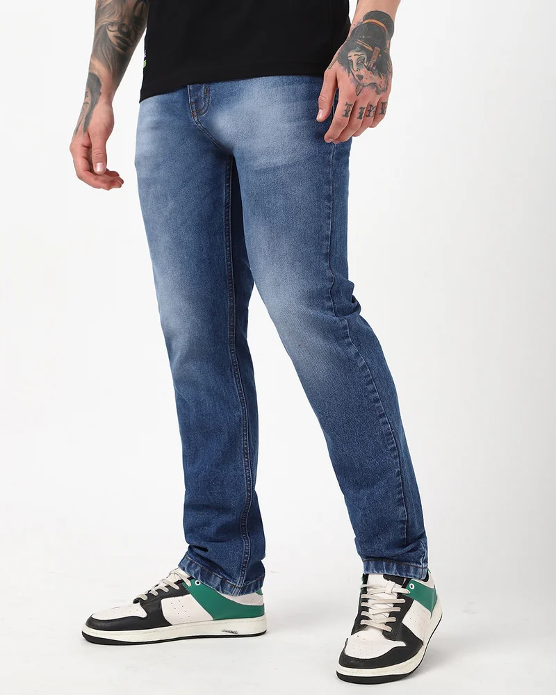 bewakoof Men's Blue Washed Slim Straight Fit Mid-Rise Stretchable Jeans